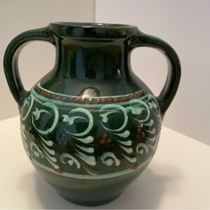 Vintage Hand Painted Earthenware‎ Small Double Handled Vase 5.5” Green